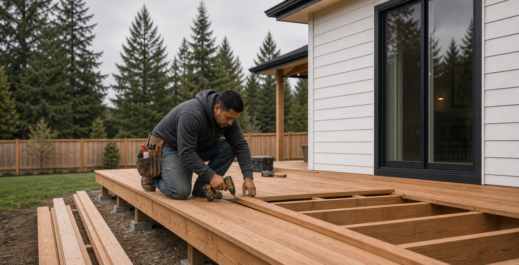 One Hispanic contractor working on a residential cedar deck in Washington