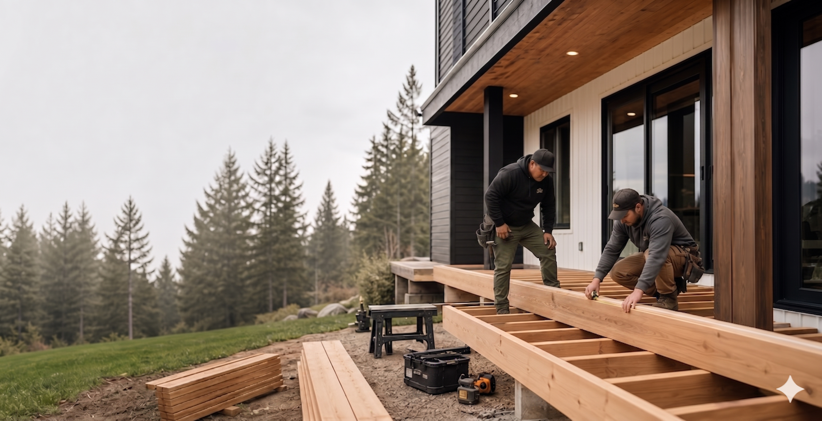 CAS General Contractor crew building a deck on a Pacific Northwest home in Graham Washington