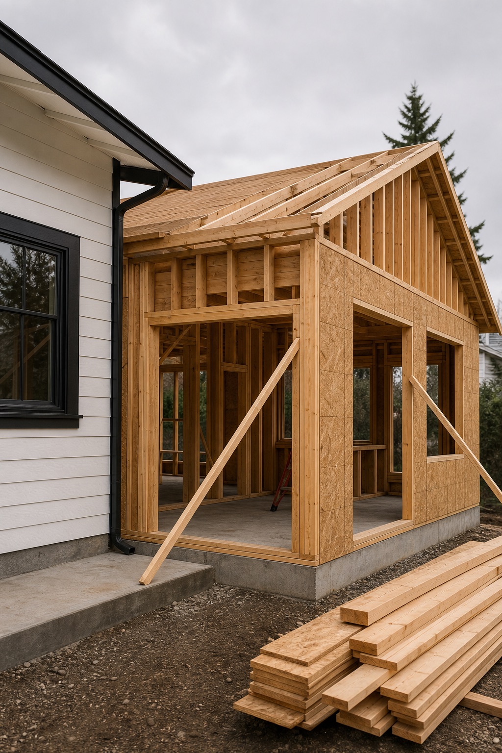 Home addition framing project in Auburn Washington with clean wall and roof framing