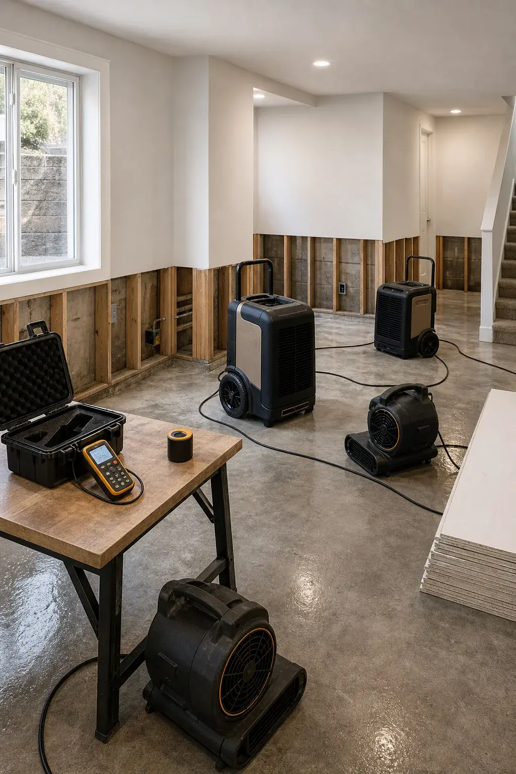 Flood and water damage restoration setup with air movers in Pierce County Washington basement