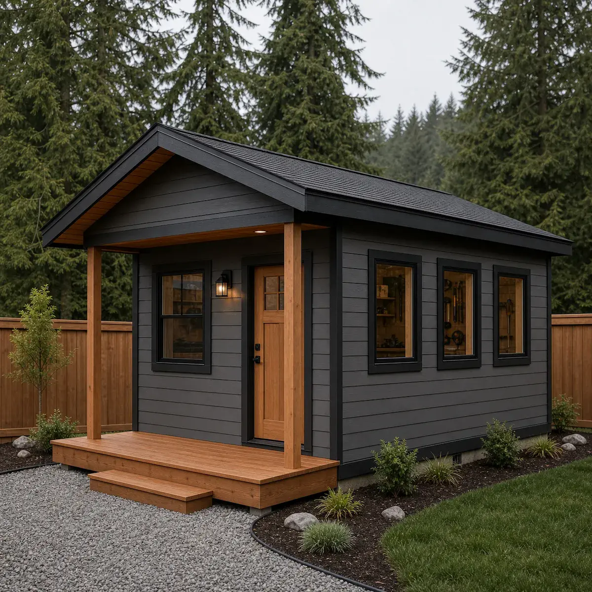 Backyard workshop shed with lap siding and cedar landing in Orting Washington