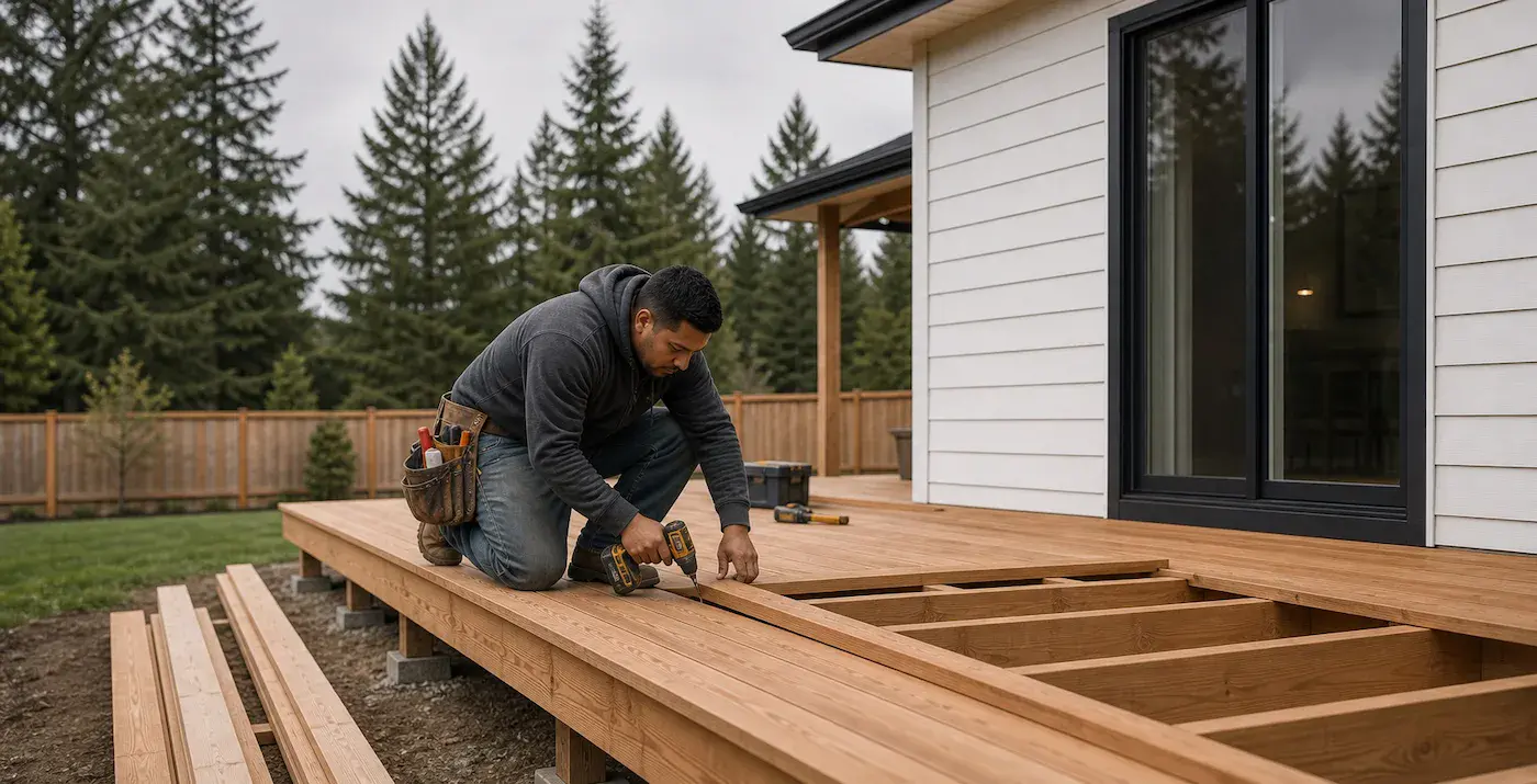 One Hispanic contractor working on a residential cedar deck in Washington