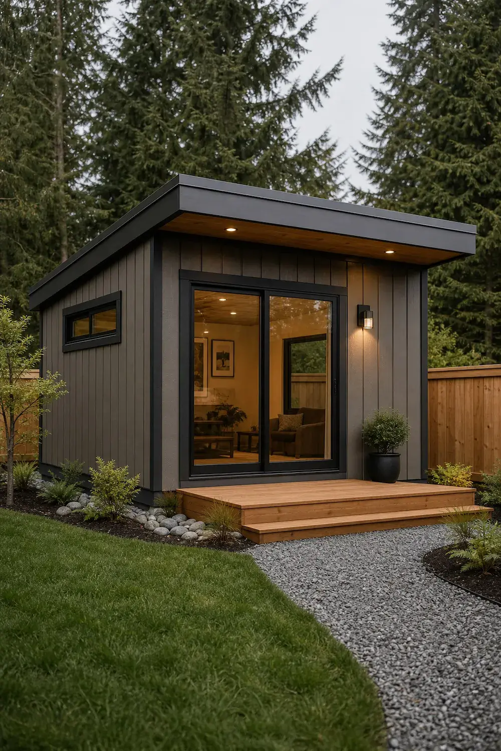 Backyard studio shed project in Spanaway Washington with modern siding and wood entry
