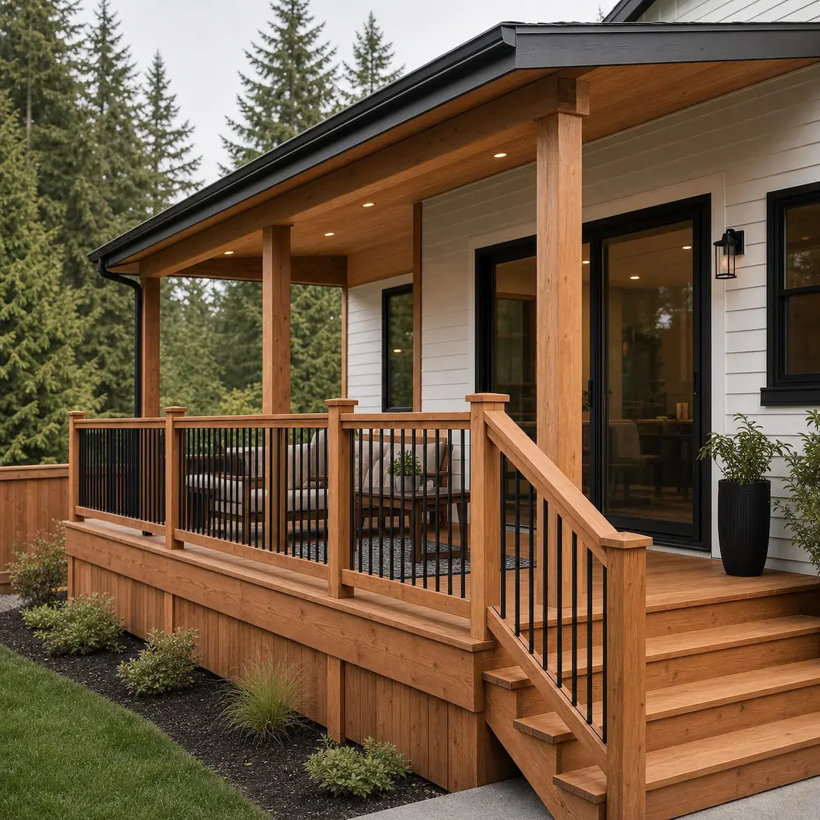 Covered patio and cedar deck upgrade with black railing in Spanaway Washington