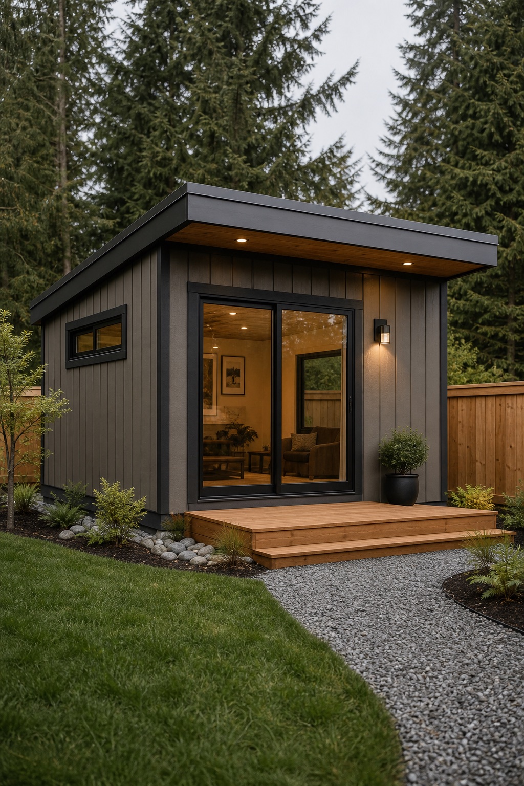 Backyard studio shed project in Spanaway Washington with modern siding and wood entry