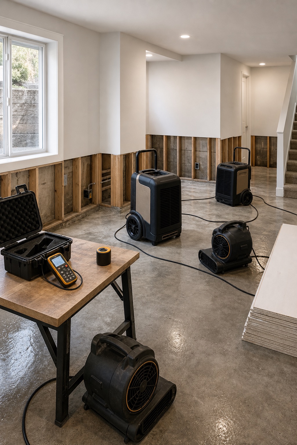 Flood and water damage restoration setup with air movers in Pierce County Washington basement